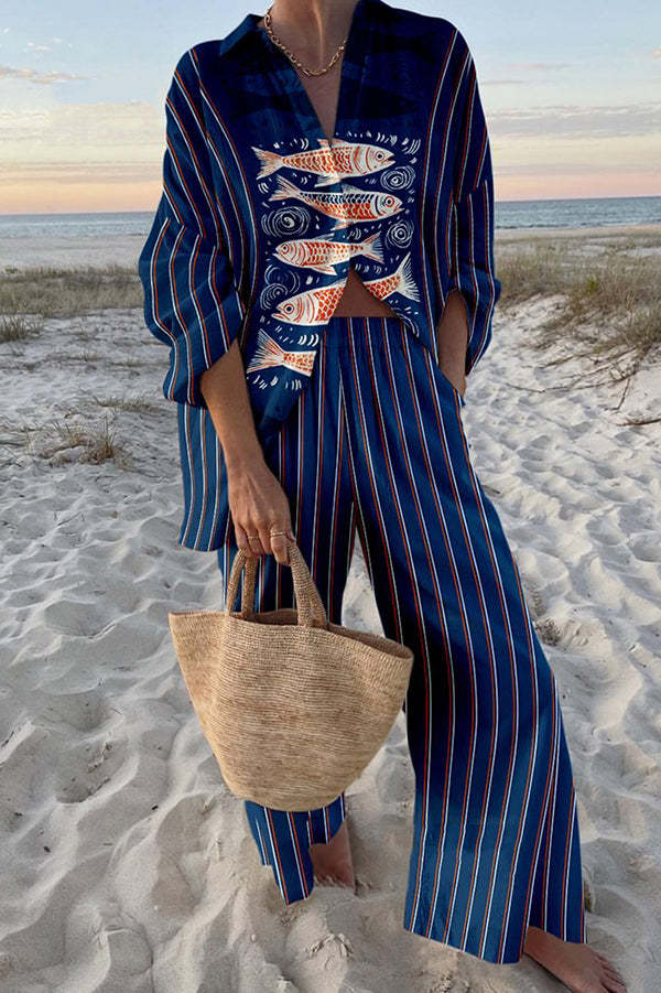 Zairine™ | Linen Set with Blue Koi Print