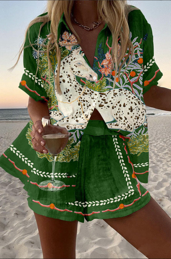 Céphira™ | Short linen set with horse print