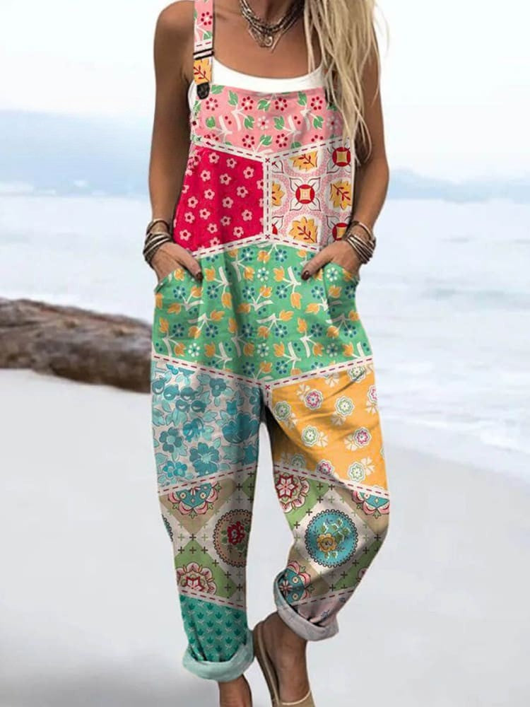 Women's Jumpsuit - Vintage Floral Design, Wide Legs for Comfort and Style