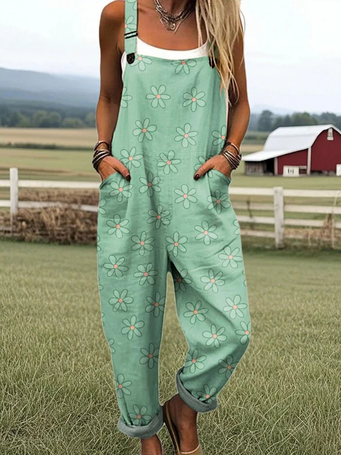 Women's Vintage Floral Jumpsuit with Wide Legs - Comfort and Style
