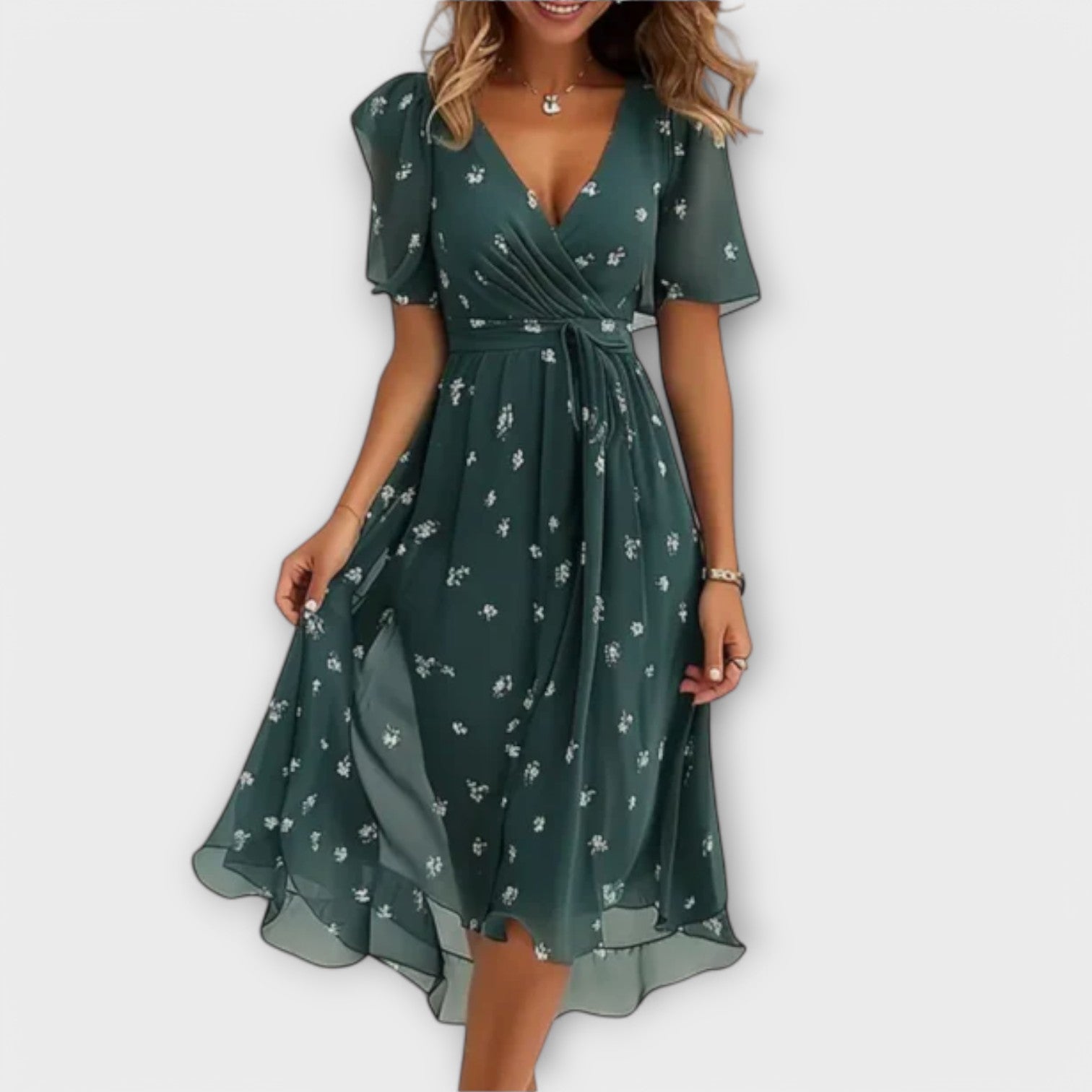 Anegret | Stylish Floral V-Neck Midi Dress